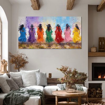 Native American Canvas Wall Art, Seven Women Rainbow Dress Painting, Indian Art Canvas Prints, Feather Wall Decor, Canvas Wrapped Framed Poster Picture for Living Room Home Wall Artwork Ready to Hang, 16×32 Inches