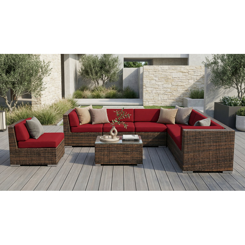 Billyjo Wicker 7 - Person Seating Group with Cushions - No Assembly, Mixed Brown, Supercrylic Red