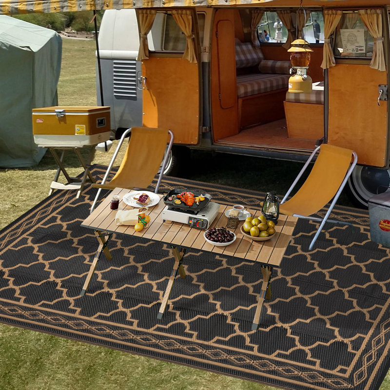  Extra Large Waterproof Reversible Outdoor Rug - Durable Plastic Straw Mat for Patio, Deck & Camping - Lightweight, Easy to Clean, Fade Resistant - Black/Brown, 9x18ft (274x549cm)