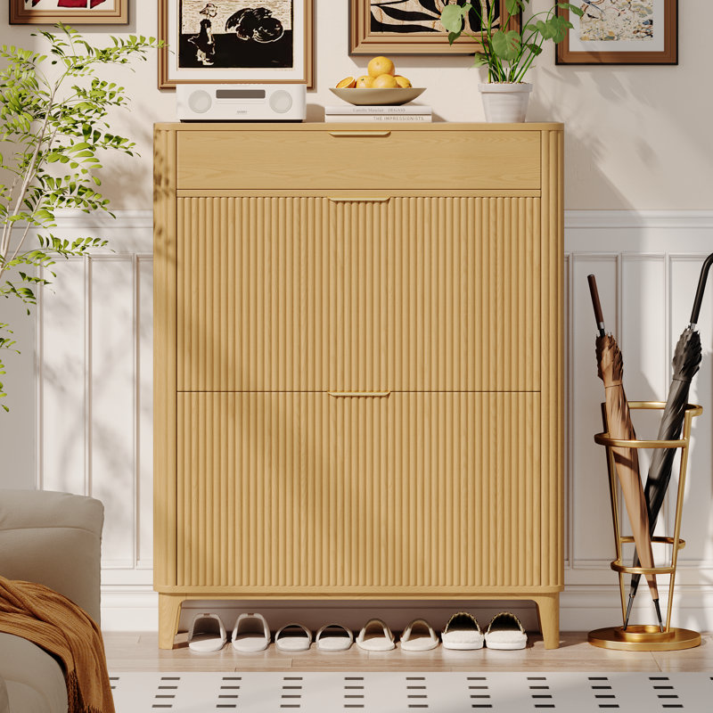 Fluted Shoe Storage Cabinet With 2 Flip Drawers & Top Drawer, 31.5"w Narrow Hidden Shoe Rack Cabinet, Natural Wood