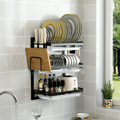 3-Tier Wall Mounted Dish Drainer Rack With Utensil Organizer, Stainless Steel Dish Drying Rack For Kitchen, Space Saving Multi-Purpose Storage Solution