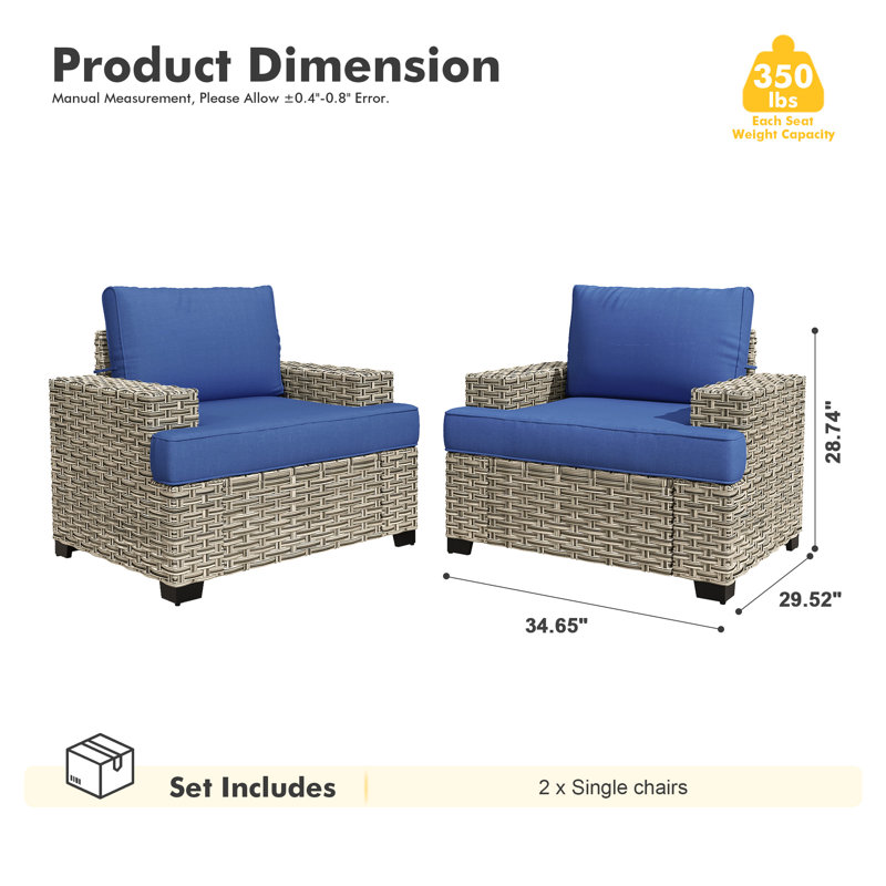 Wicker Rattan Outdoor Patio Chairs With Cushions And Wide Armrest, Navy