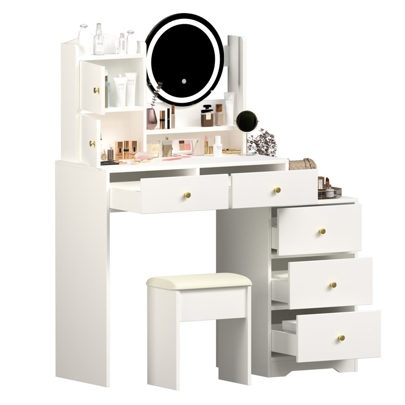 Bureau de meuble-lavabo moderne pour chambre à coucher, blanc, avec miroir et lumières, plusieurs rangements, tablettes réglables, maquillage et lumières pour la chambre à coucher - 3 choix de couleurs, tablettes,
