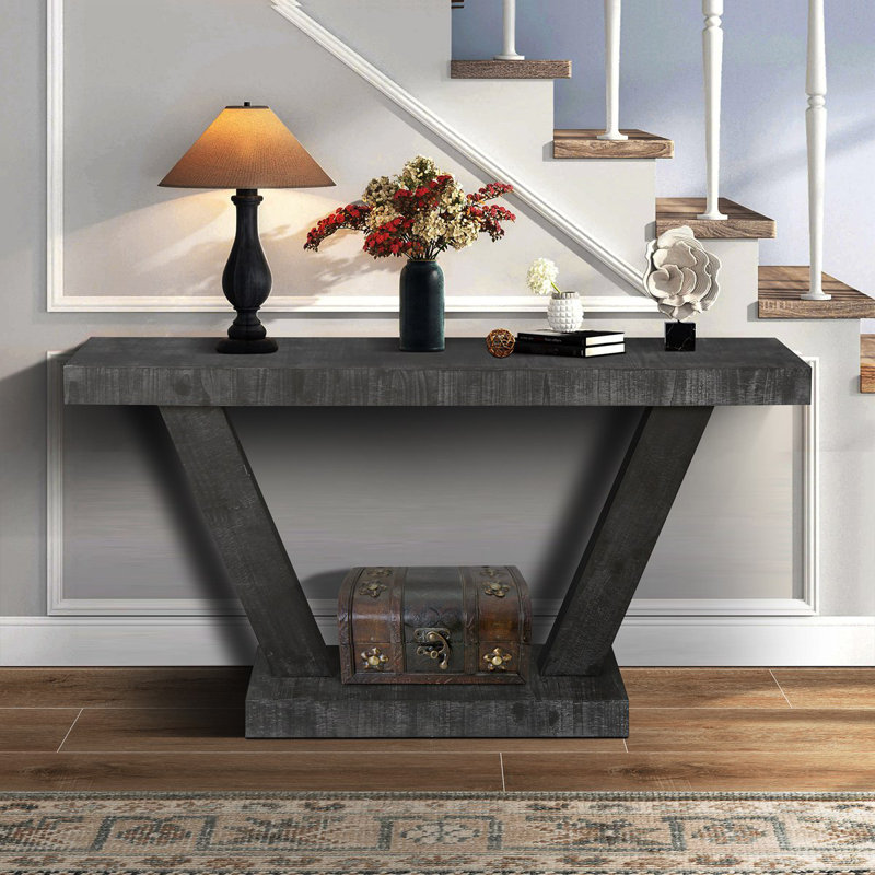 60"Long Distressed  2-Tier Wooden Console Table, Antique Black