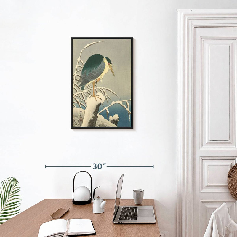 Héron dans la neige, Cadre flottant noir, 17 po x 25 po