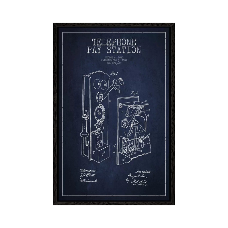 Long Telephone Blue Patent Blueprint by Aged Pixel - Gallery-Wrapped Canvas Giclée on Canvas, Black Framed