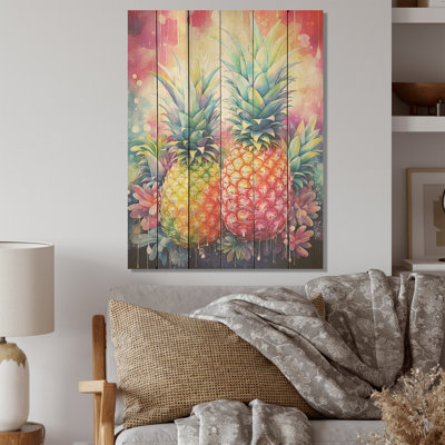Bountiful Sunfilled Pinapple Tropics I - Pineapples Wood Art On Natural Pine Wood