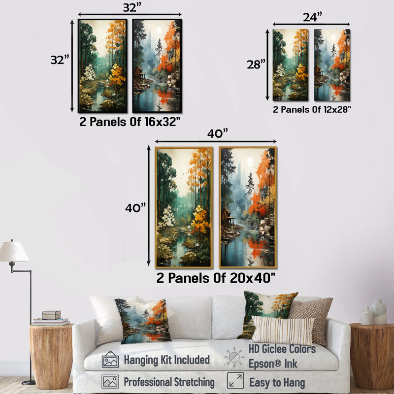«Autumn Forest Collage», ensemble de 2 reproductions d'art sur toile, Encadrement doré, H 40 po x l 41 po