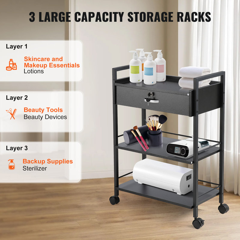 Black Medium MDF and Steel 3-Tier Salon Trolley Cart with Lockable Drawer