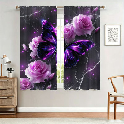 2Pcs Realistic Butterfly and Rose Print Curtains, Light Filtering Fabric, Art Design for Living Room, Bedroom, Balcony, Kitchen Home Decoration