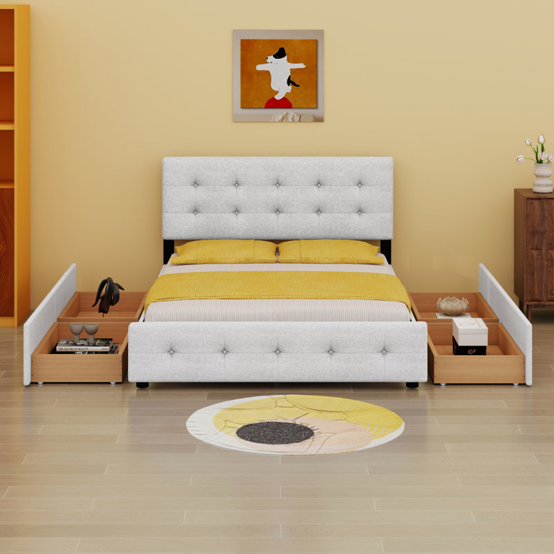 Upholstered Platform Bed With Classic Headboard And 4 Drawers, Beige