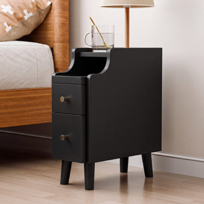 Table de chevet étroite de 50 cm de hauteur avec tiroirs, petite table de chevet mince en bois massif préassemblée avec tablette coulissante ouverte