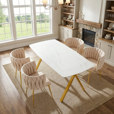 Ensemble de table de salle à manger 51 po en verre pour 4 personnes, table rectangulaire en verre trempé à motif de marbre et chaises en velours, pour la salle à manger, la cuisine, les réunions de famille, or, beige