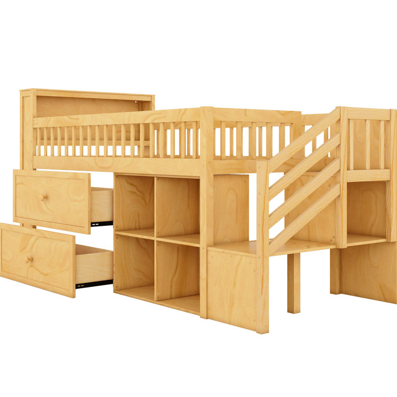 Lit mezzanine simple naturel avec éclairage à DEL, escaliers et options de rangement pour DEL, adéquat -, Naturel