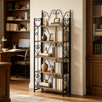 Bibliothèque pliante à 5 niveaux, bibliothèque en bois industriel rétro avec tablettes de rangement, bibliothèque sans assemblage