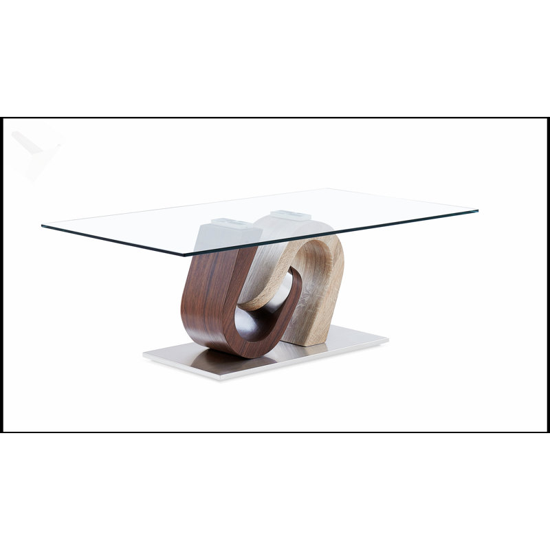 Table basse Chase avec piédestal géométrique en forme de vague et finition noyer et chêne à deux tons pour une élégance moderne