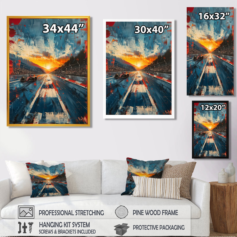Décoration murale jaune et bleue - Casinos / Pistes de course, Toile avec cadre flottant noir, H 32 po x l 16 po x P 1 po