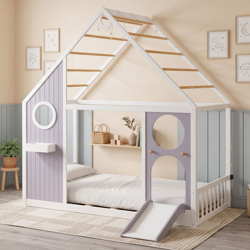 Lit plateforme simple avec glissade, bande lumineuse et conception en forme de maison, Mauve