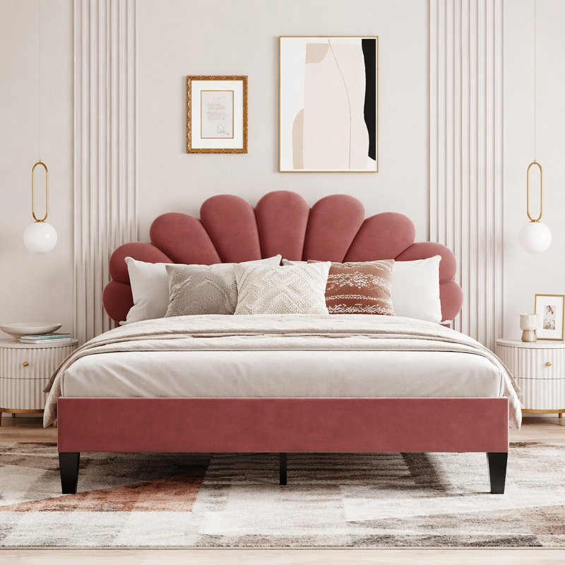 Lit plateforme tapissier avec tête de lit en velours à motif floral, Grand lit, Rose