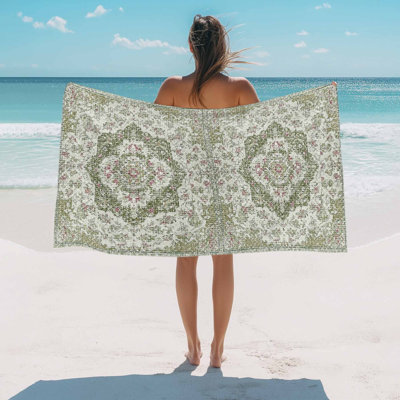 Serviette de plage vert sauge à fleurs médiévales, motif bohème rétro, absorbante, grande, douce, à séchage rapide, légère, idéale pour le camping, les voyages, le sport (yoga, gym, natation), pour adulte (76 x 152 cm).