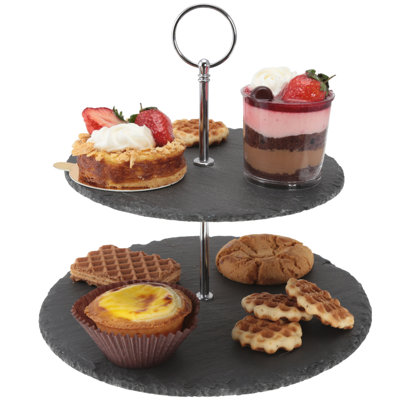 Creative Home Natural Slate 2-Tier Cake Stand Dessert Serving Tray with Non-Slip EVA Padding Bottom