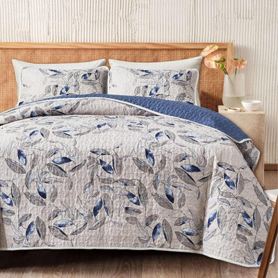 2 Pieces Microfiber Quilt Set, Botanical  Leaves On Light Gray Reversible Design, Bedspread Bed Cover For All Season, 1 Quilt And 1 Pillow Sham