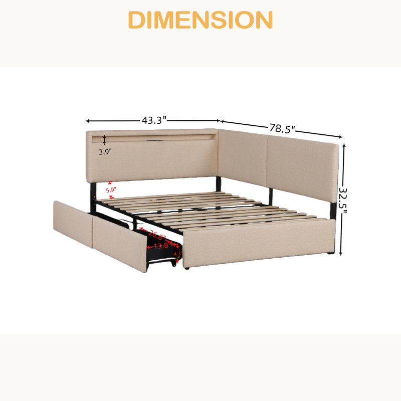 Structure de lit tapissier avec tête de lit, avec 2 tiroirs de rangement, lumière DEL et conception de chargement USB, pieds et lattes en bois massif, aucun sommier nécessaire