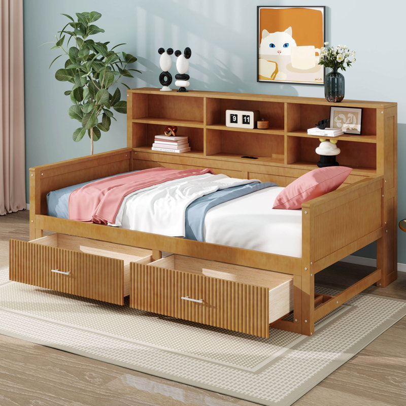 Lit de jour en bois avec étagères de rangement et 2 tiroirs, 6 tablettes de chevet, design à panneaux cannelés, Lit simple