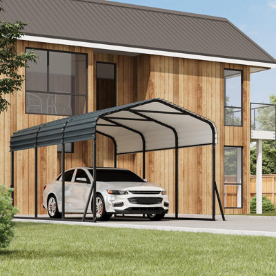 Heavy Duty 10x15 FT Metal Carport – Outdoor Garage Shelter with Galvanized Steel Roof, Reinforced Base, for SUV, Truck, Boat, Storage – Gray