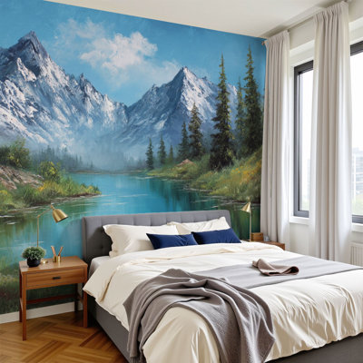 Papier peint à peler et coller, paysage de montagne, forêt, nature, montagnes vertes, arbres, ciel, herbe, peintures murales, papier peint amovible en PVC, H 100 po x l 144 po, pour chambre à coucher, bureau à domicile