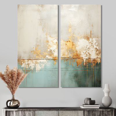 Minimalisme, horizon doré et bleu sarcelle I - Peinture abstraite, reproduction d'art sur toile