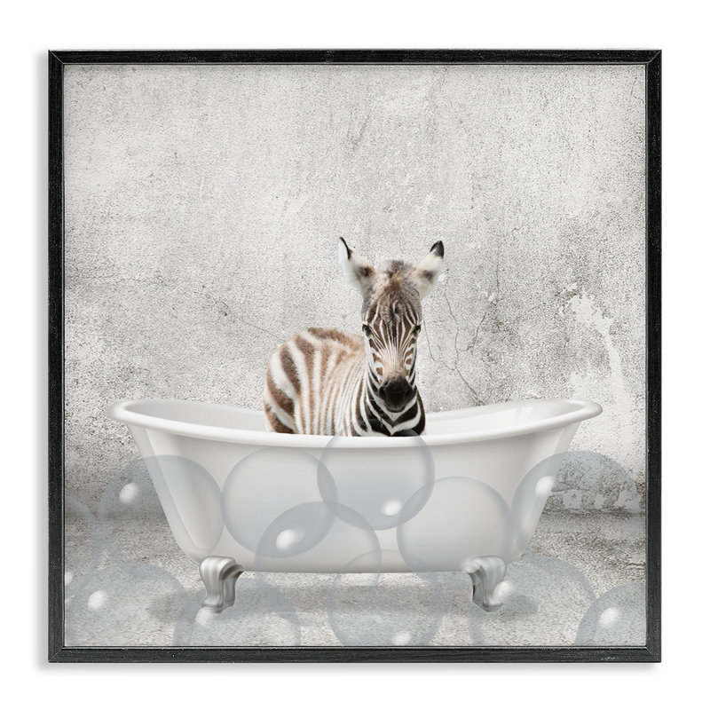 «Baby Zebra Bath Time Cute Animal» par - Impression d'art graphique, Giclée encadrée noir minuit, H 17 po x l 17 po