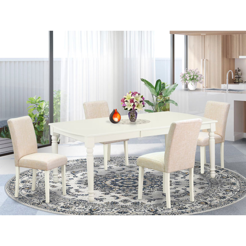L'ensemble de table de salle à manger 5 pièces pour 4 personnes comprend une table de cuisine rectangulaire avec rallonge papillon et 4 chaises Parson en tissu de lin beige clair, 42 x 78 pouces, blanc lin