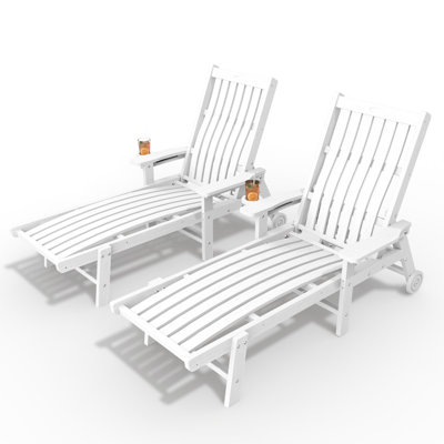Pakkdiarie Outdoor HDPE Adjustable Reclining Chaise Lounge Chair With Wheels & Cup Holder (Set of 2)