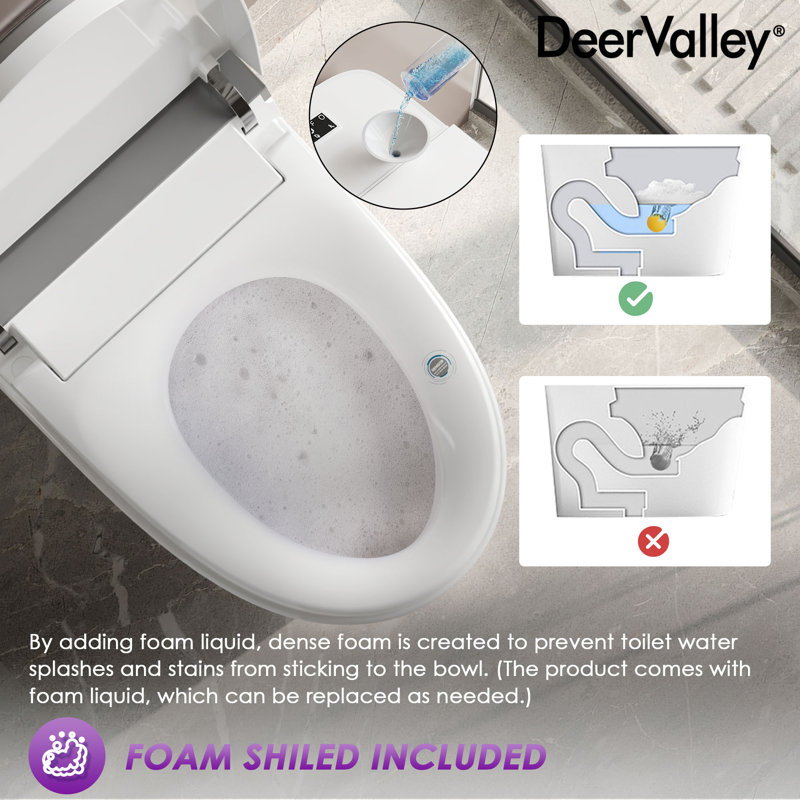 Toilette à bidet intelligente DeerValley: protection anti-éclaboussures en mousse, siège à hauteur confortable ADA de 17,5 po, chasse d'eau sans pression et siège chauffant en blanc