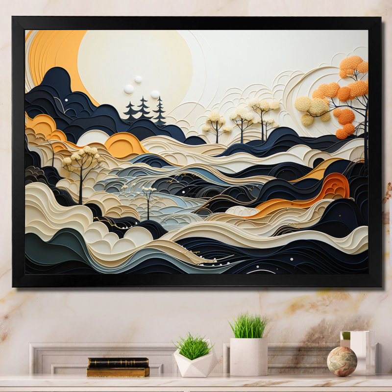 Mahjabi Grey Orange Line Art Landscape - Abstract Line Art Landscape Wall Art, Black Picture Framed, 16" H x 32" W x 1" D