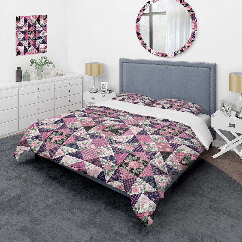 Pink Floral Patchwork - Abstract Duvet Cover Set - Microfiber Polyester, King Duvet Cover + 2 King Shams