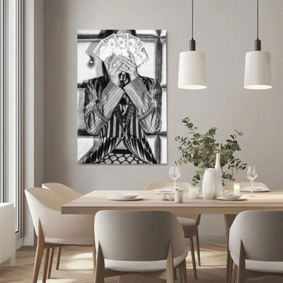 1Pc Framed Canvas Poster Print Money Fan, Striped Suit, Black and White Fashion Photography Style Wall Art Decor, Perfect for Room Decor Living Room B