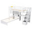 Lit mezzanine simple au-dessus de simple avec bureau intégré et escalier, avec compartiments de rangement et tablettes, blanc