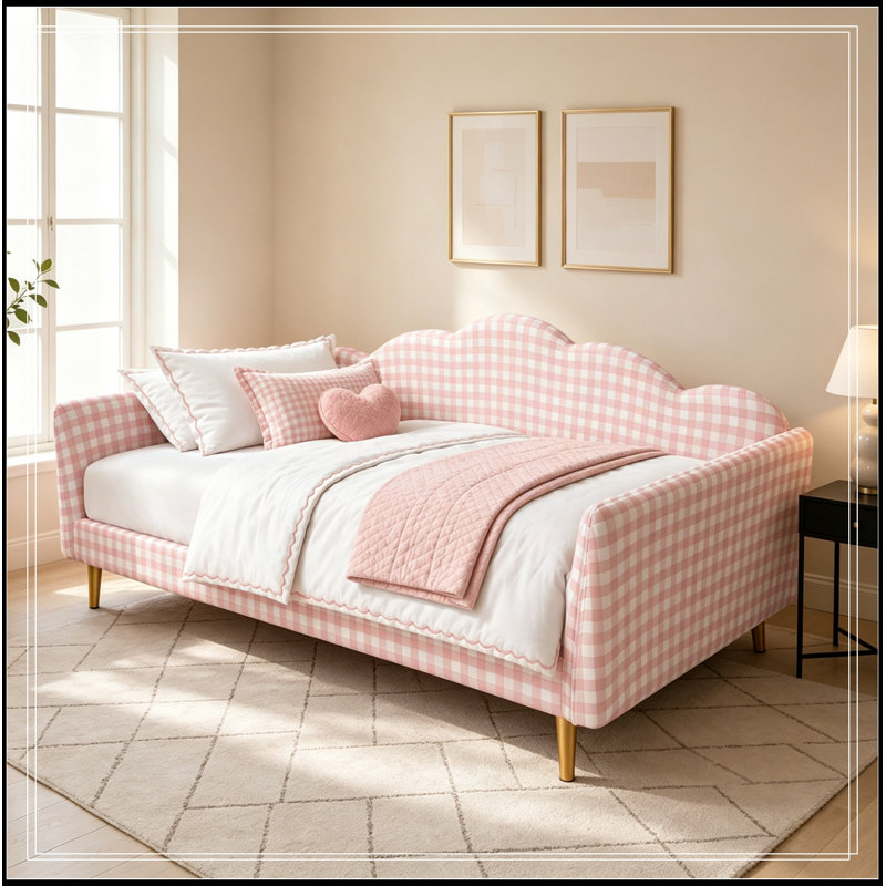 Structure plateforme simple rembourrée Geib avec tête de lit et pieds en métal, Rose