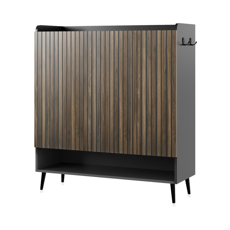 Ensemble de 2 grandes armoires à chaussures avec portes, rangement à chaussures autoportant à 6 niveaux pour porte d'entrée - tablettes réglables - armoire noire, portes rainurées en noyer foncé - 2 armoires noires avec portes rainurées en noyer foncé