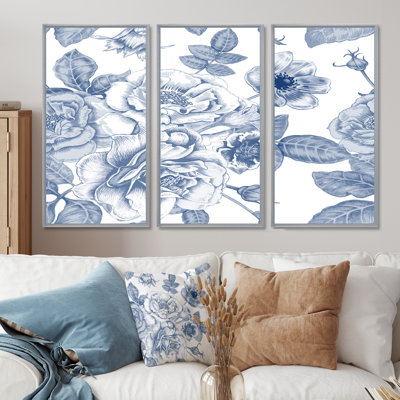 " White Vintage Flowers on Classic Blue II " 3 Piece Art Graphic Art Set