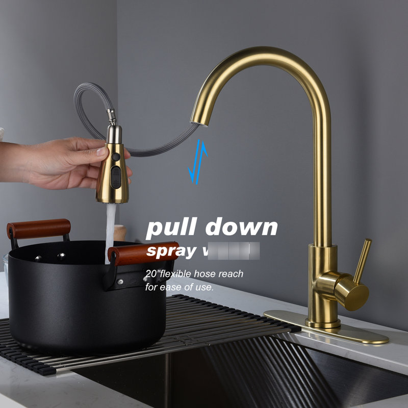 Single Handle Kitchen Sink Faucet In Brushed Gold With Pull Down , Stainless Steel Material, 360 Rotating High - Arc Nozzle, Lever For Water Temperature And Flow Control, Corrosion Surface, Aerators
