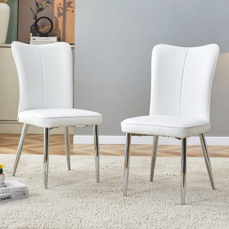 Modern Minimalist Dining Chairs, Office Chairs. 2-Piece Set Of White PU Seats With Silver Metal Legs. Suitable For Restaurants, Living Rooms, And Offices.