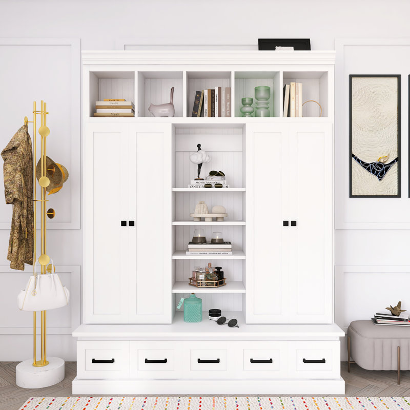 Arbre d'entrée avec banc et 5 casiers de rangement, armoire de rangement moderne pour hall d'entrée, Blanc