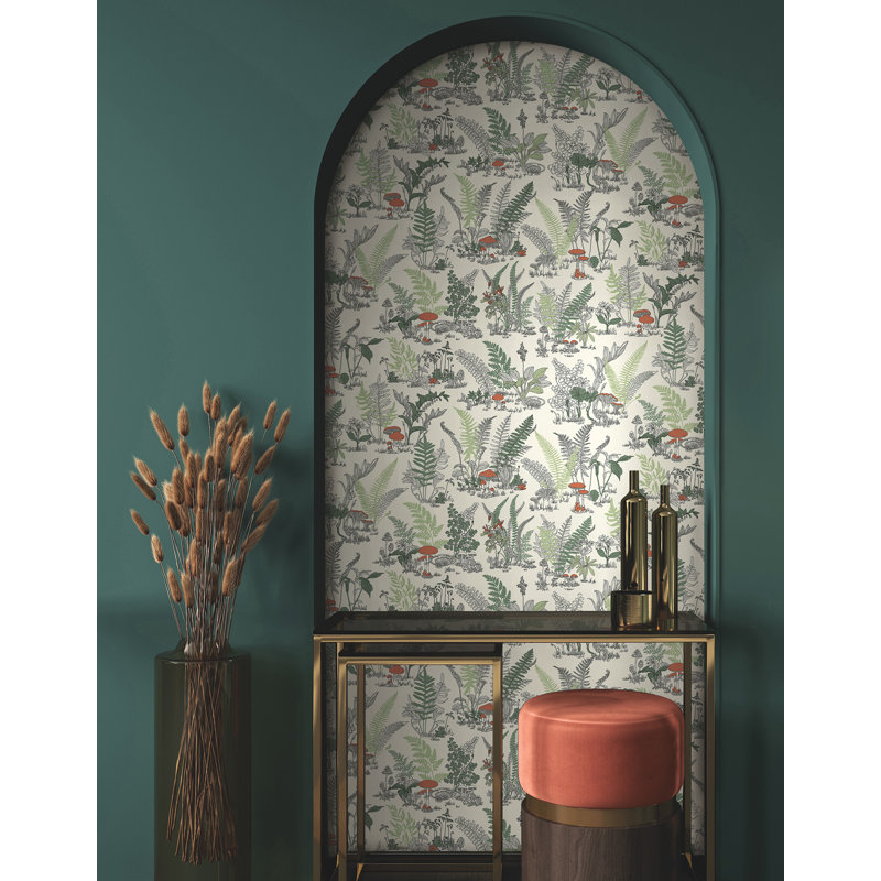 Mushroom Garden Toile Wallpaper Roll, Red & Green