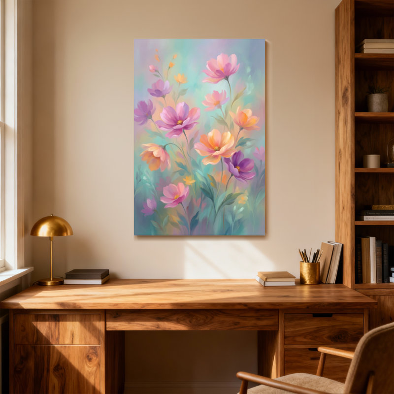 Plantes et fleurs, fleurs pastel sur fond doux, H 24 po x l 16 po
