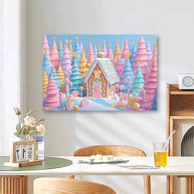 Illustration festive de maison de pain d'épice festive, grande reproduction d'art sur toile tendue pour salon et chambre à coucher