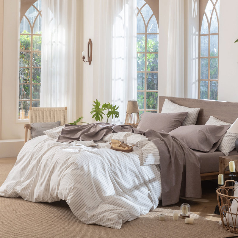 Ensemble de draps MooMee, Ensemble de draps pour très grand lit avec 2 taie, Mauve / brun