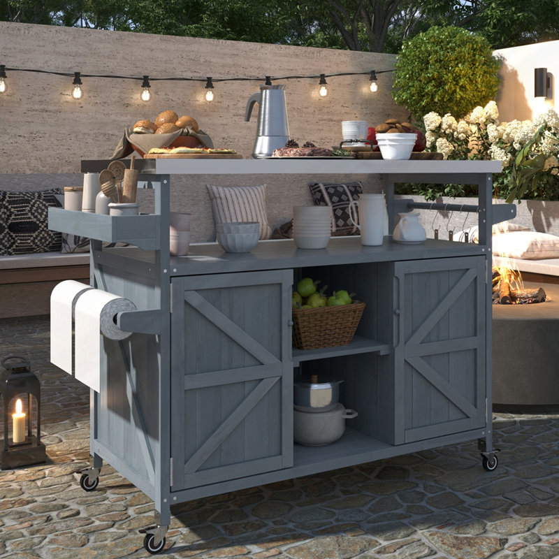 Îlot de cuisine extérieur, chariot à roulettes et armoire de rangement, Gris